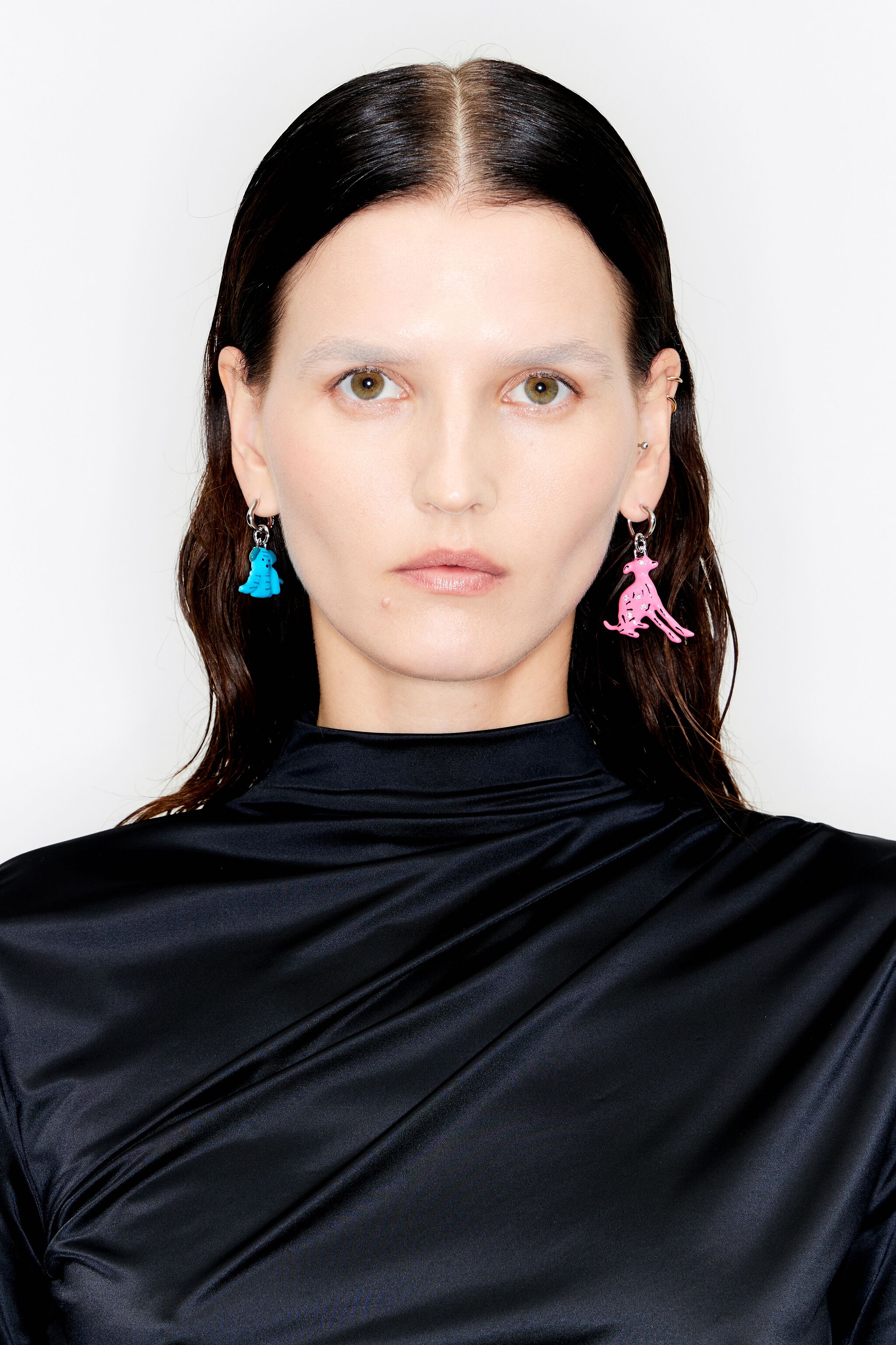 Blue and pink dog hoop earrings