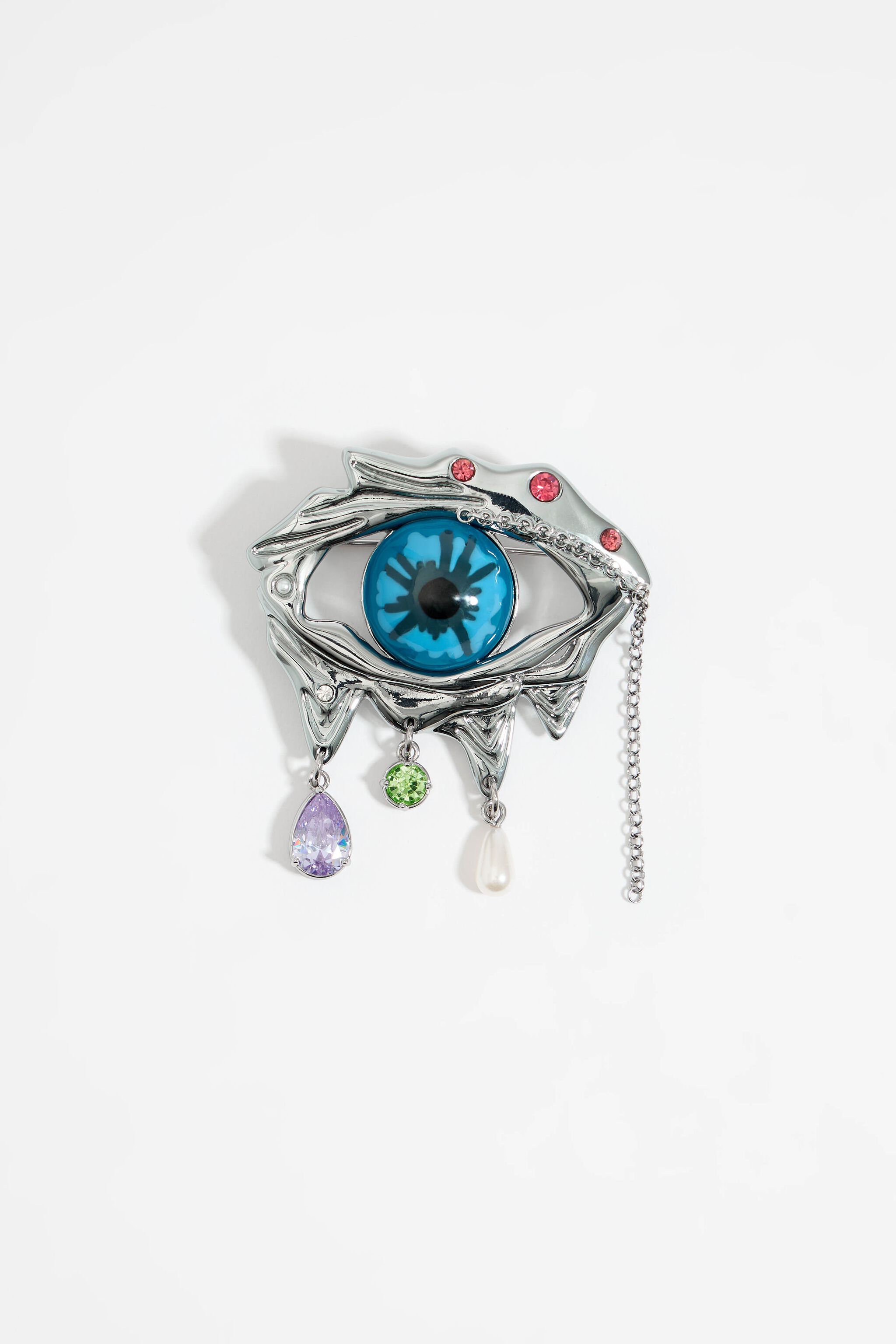 Crystal and pearl eye brooch