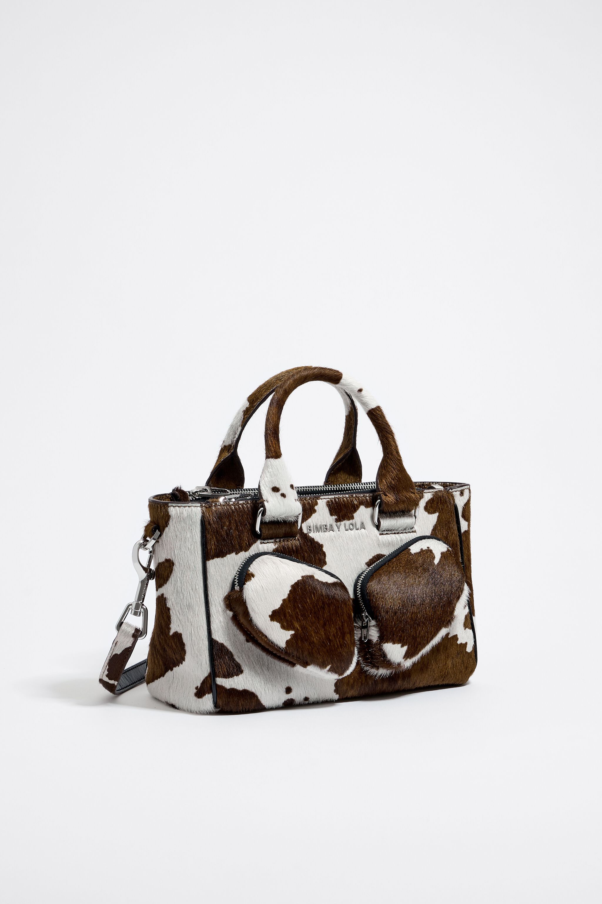 M gray Cow print leather Pocket tote bag