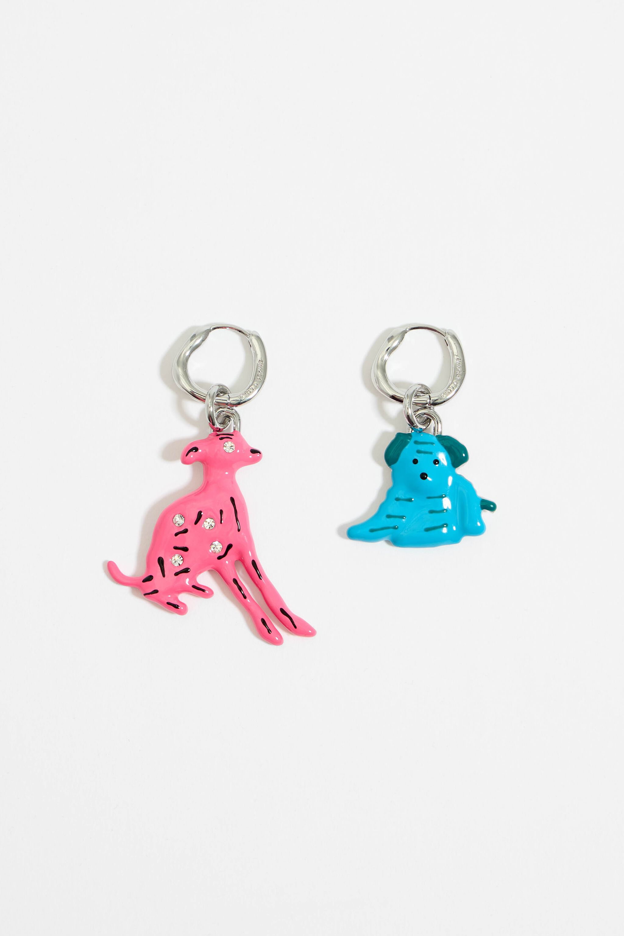 Blue and pink dog hoop earrings