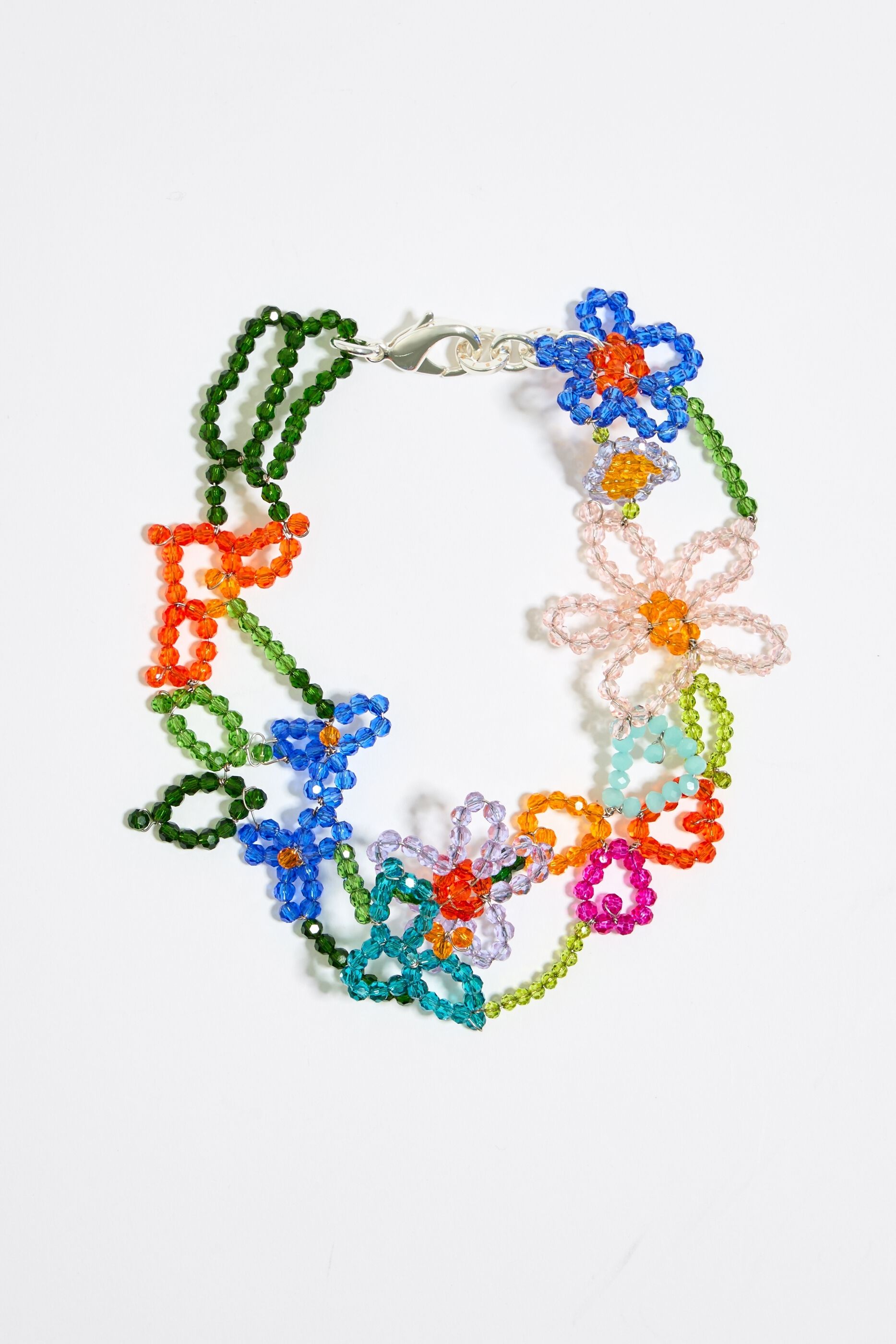 Choker necklace with flowers and multicolored crystals