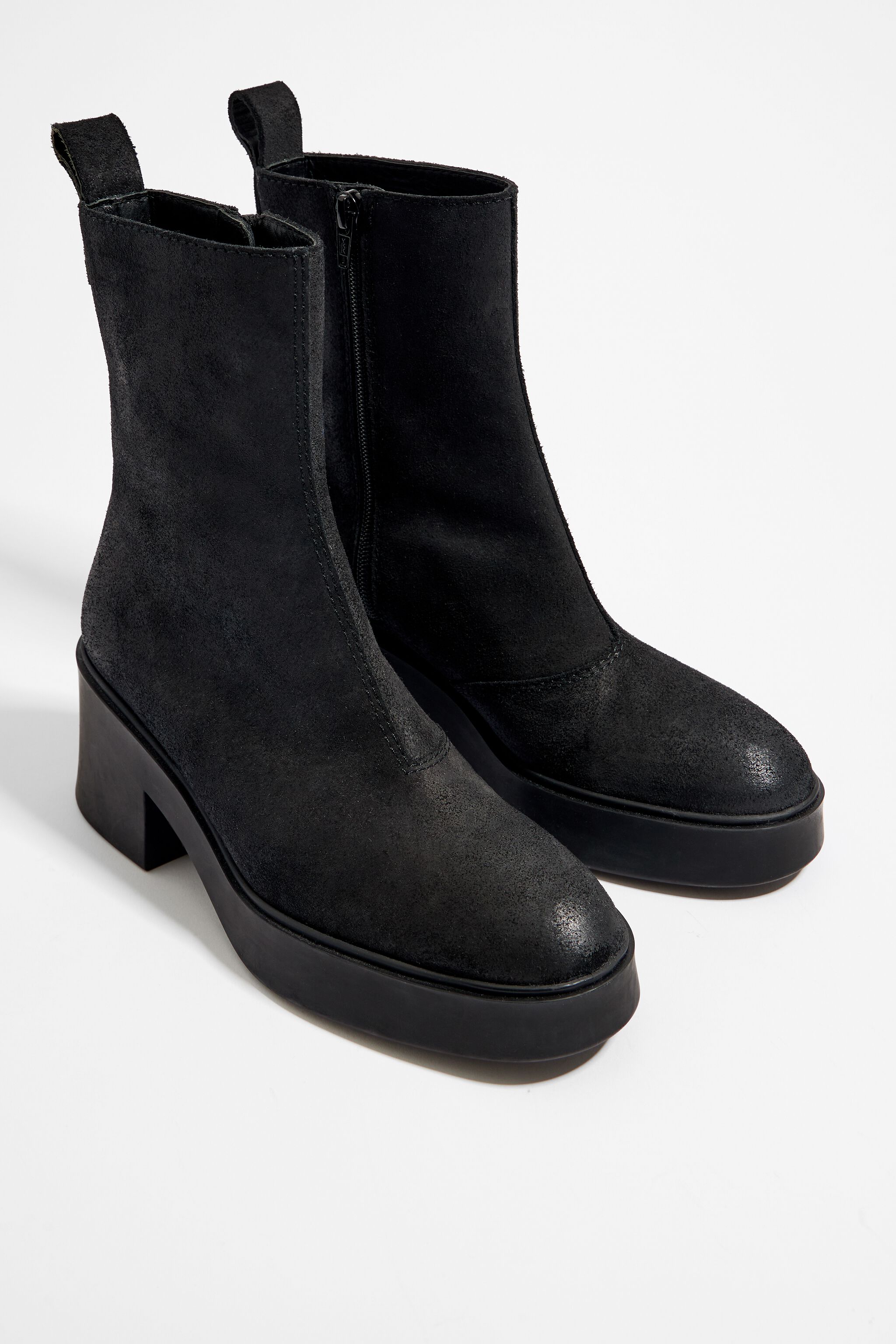 Black split leather ankle boot heel